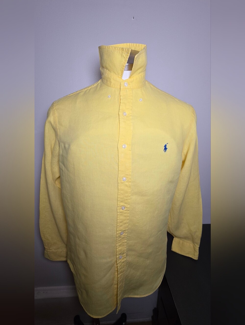 Ralph Lauren Yellow Linen Button-Down Shirt with Blue Pony
